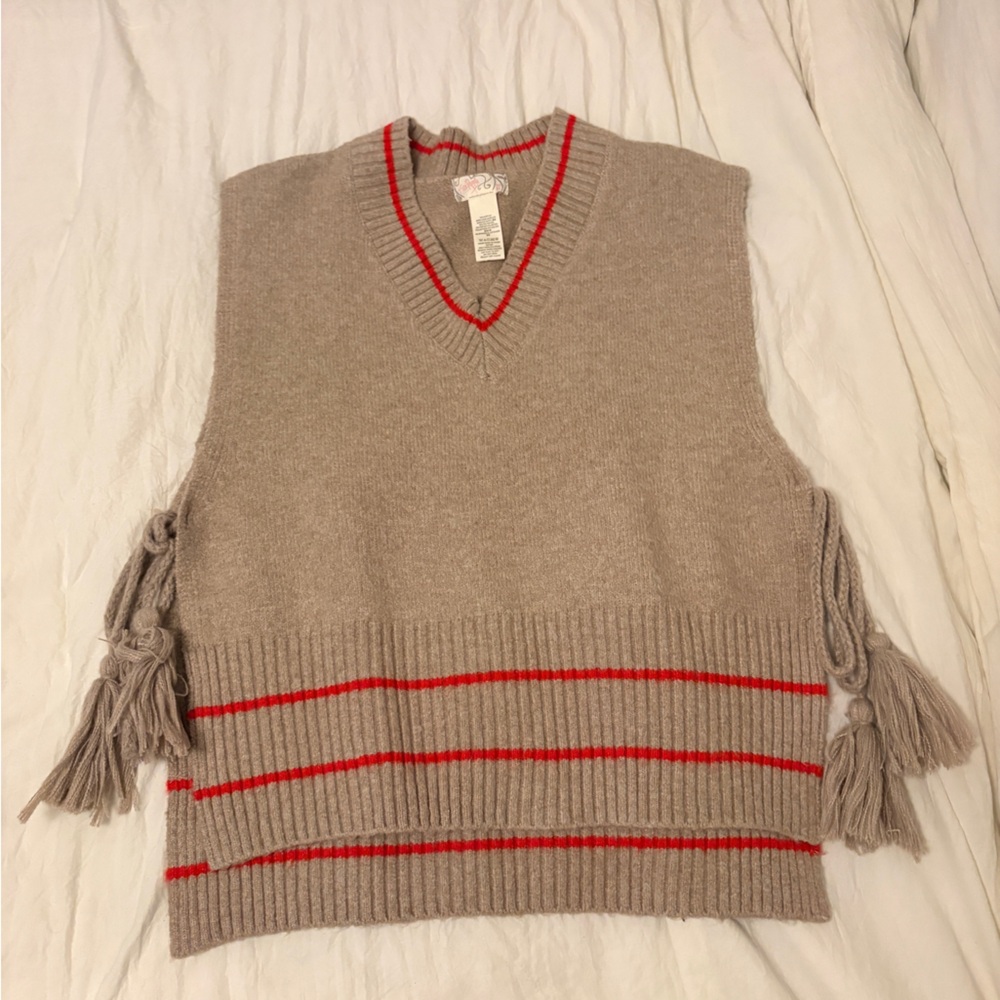 Free People Taupe V‑Neck Tassel Hem Sweater Vest with Red Stripes